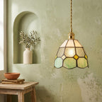 Handmade Cream and Mint-Green Faceted Dome Tiffany-Inspired Pendant Light with Yellow Diamond Motifs - view 6