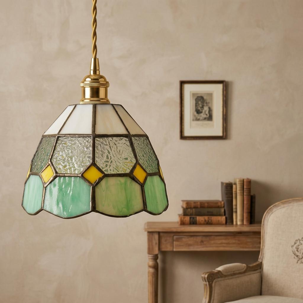 Handmade Cream and Mint-Green Faceted Dome Tiffany-Inspired Pendant Light with Yellow Diamond Motifs - view 9