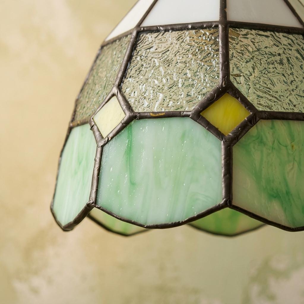Handmade Cream and Mint-Green Faceted Dome Tiffany-Inspired Pendant Light with Yellow Diamond Motifs - view 3