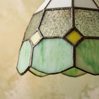 Handmade Cream and Mint-Green Faceted Dome Tiffany-Inspired Pendant Light with Yellow Diamond Motifs - view 3