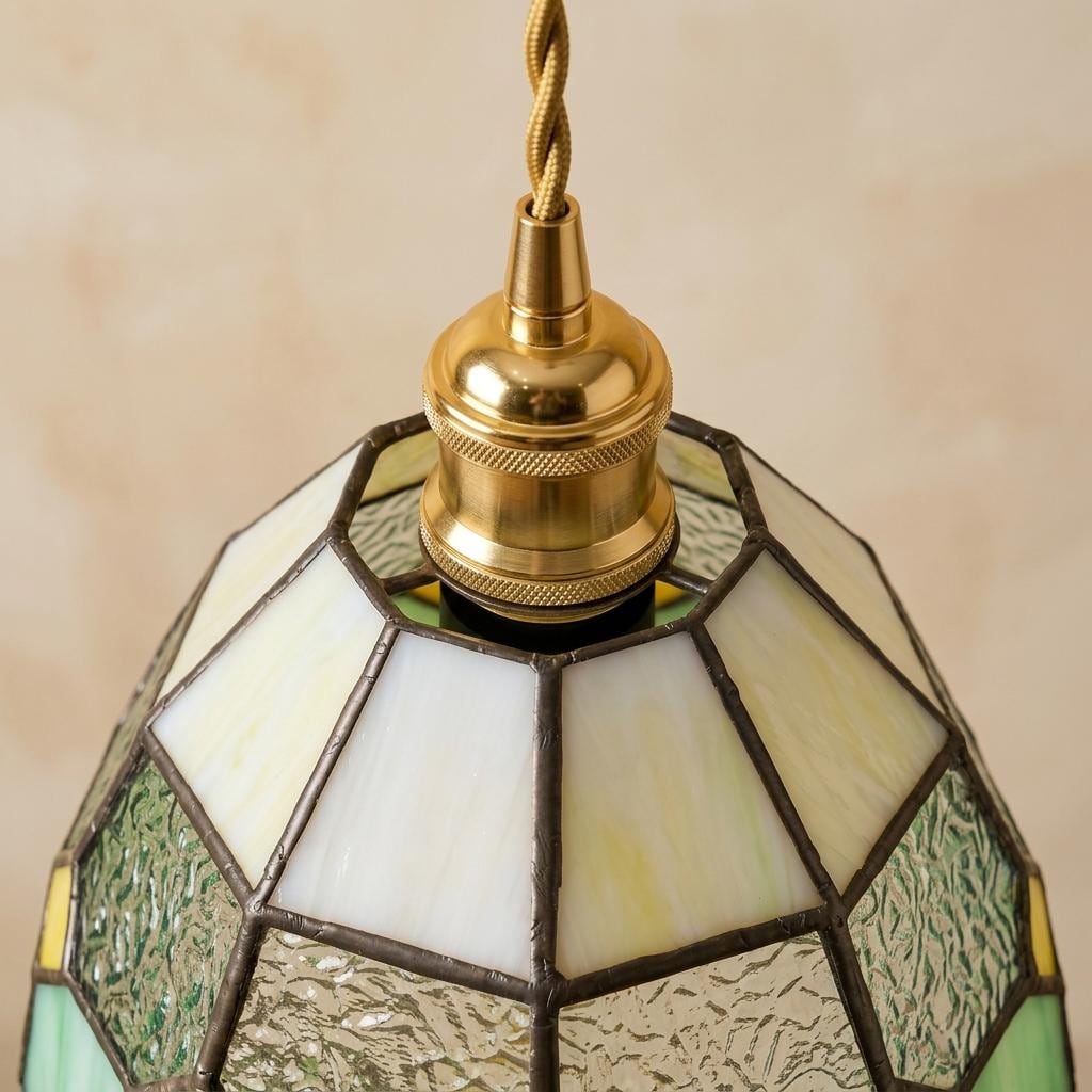 Handmade Cream and Mint-Green Faceted Dome Tiffany-Inspired Pendant Light with Yellow Diamond Motifs - view 4