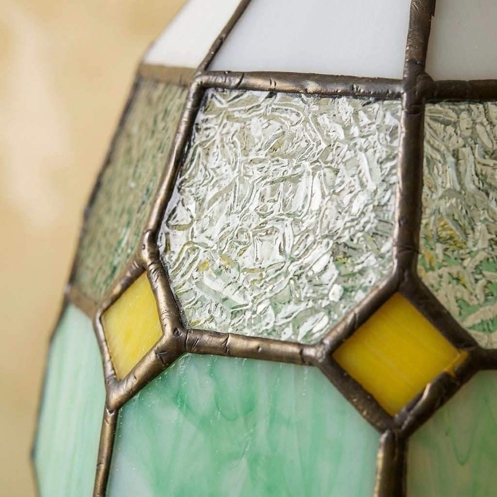 Handmade Cream and Mint-Green Faceted Dome Tiffany-Inspired Pendant Light with Yellow Diamond Motifs - view 2