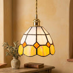 Handmade Cream and Yellow Faceted Bell Tiffany-Inspired Pendant Light with Orange Diamond Motifs - view 10
