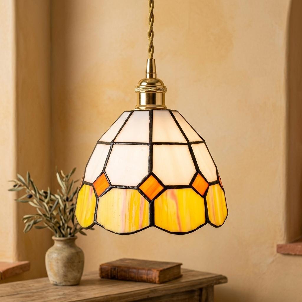 Handmade Cream and Yellow Faceted Bell Tiffany-Inspired Pendant Light with Orange Diamond Motifs - view 10