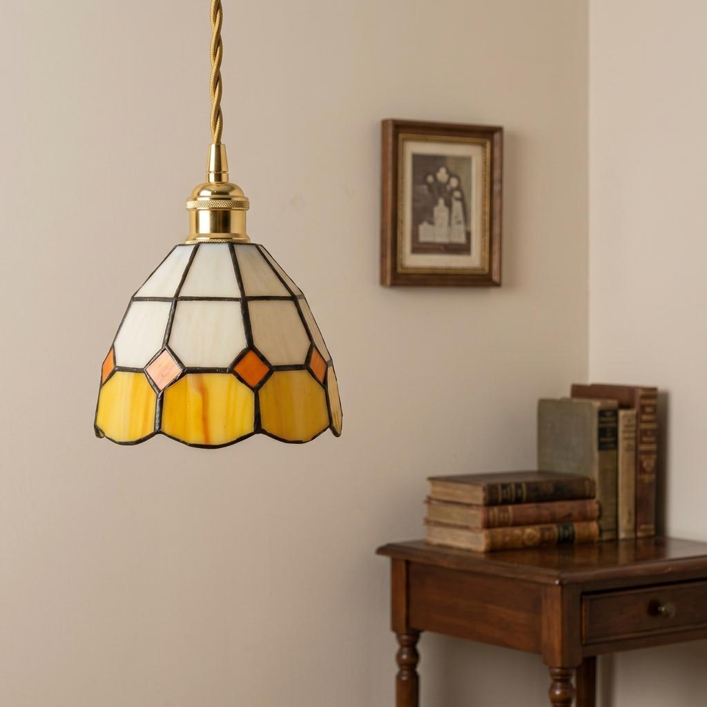 Handmade Cream and Yellow Faceted Bell Tiffany-Inspired Pendant Light with Orange Diamond Motifs - view 9