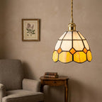 Handmade Cream and Yellow Faceted Bell Tiffany-Inspired Pendant Light with Orange Diamond Motifs - view 8