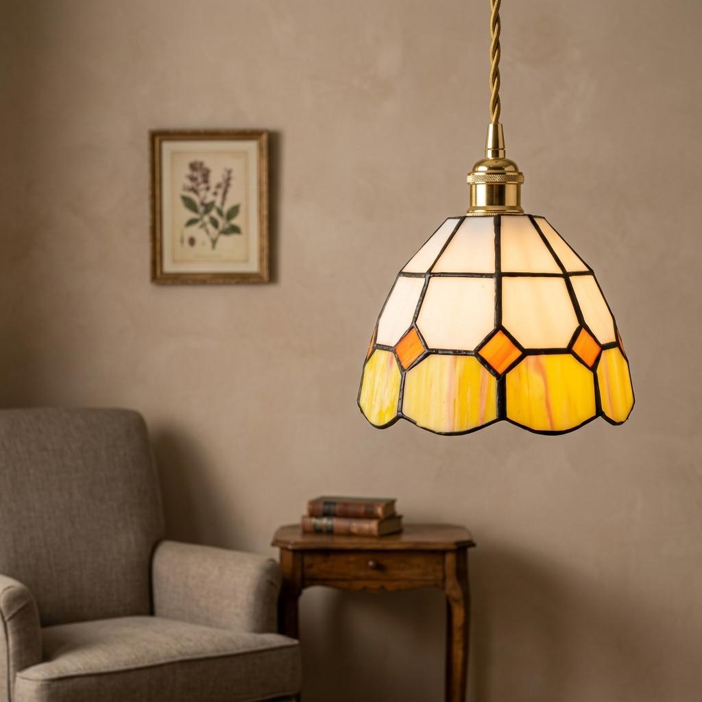 Handmade Cream and Yellow Faceted Bell Tiffany-Inspired Pendant Light with Orange Diamond Motifs - view 8