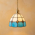 Handmade Cream and Sky-Blue Tiffany-Inspired Pendant Light with Amber-tone Diamond Motifs by AuroraeGlass