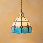 Handmade Cream and Sky-Blue Tiffany-Inspired Pendant Light with Amber-tone Diamond Motifs by AuroraeGlass