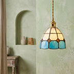 Handmade Cream and Sky-Blue Tiffany-Inspired Pendant Light with Amber-tone Diamond Motifs - view 6