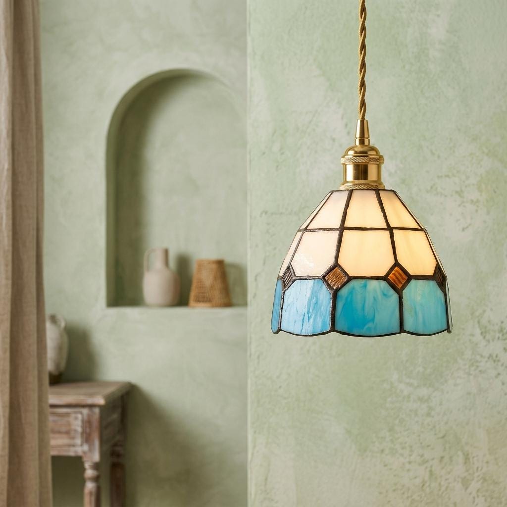 Handmade Cream and Sky-Blue Tiffany-Inspired Pendant Light with Amber-tone Diamond Motifs - view 6