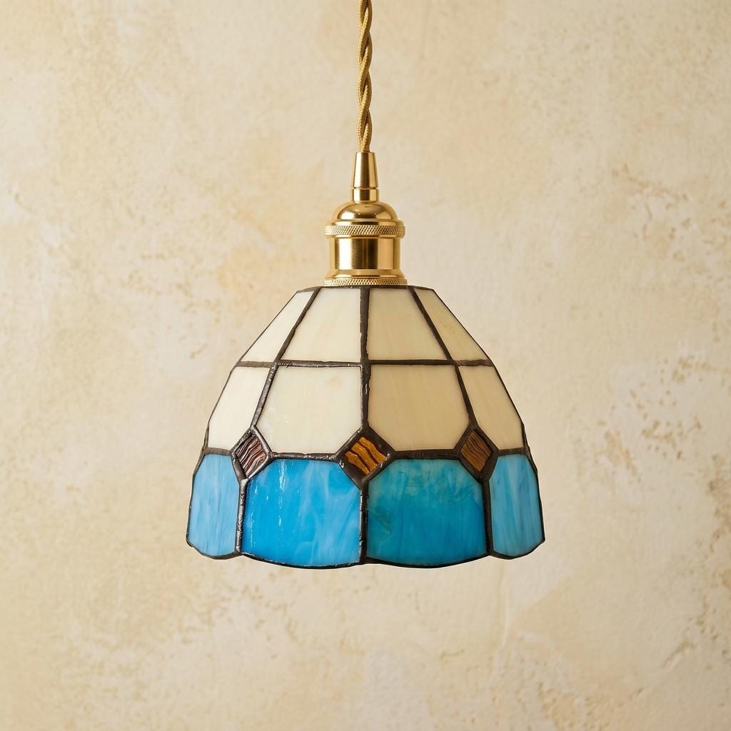 Handmade Cream and Sky-Blue Tiffany-Inspired Pendant Light with Amber-tone Diamond Motifs - view 5
