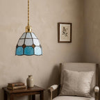 Handmade Cream and Sky-Blue Tiffany-Inspired Pendant Light with Amber-tone Diamond Motifs - view 9