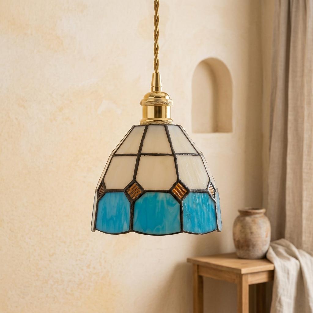 Handmade Cream and Sky-Blue Tiffany-Inspired Pendant Light with Amber-tone Diamond Motifs - view 7