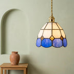 Handmade Cream and Deep-Blue Tiffany-Inspired Pendant Light with Amber-tone Diamond Motifs - view 6