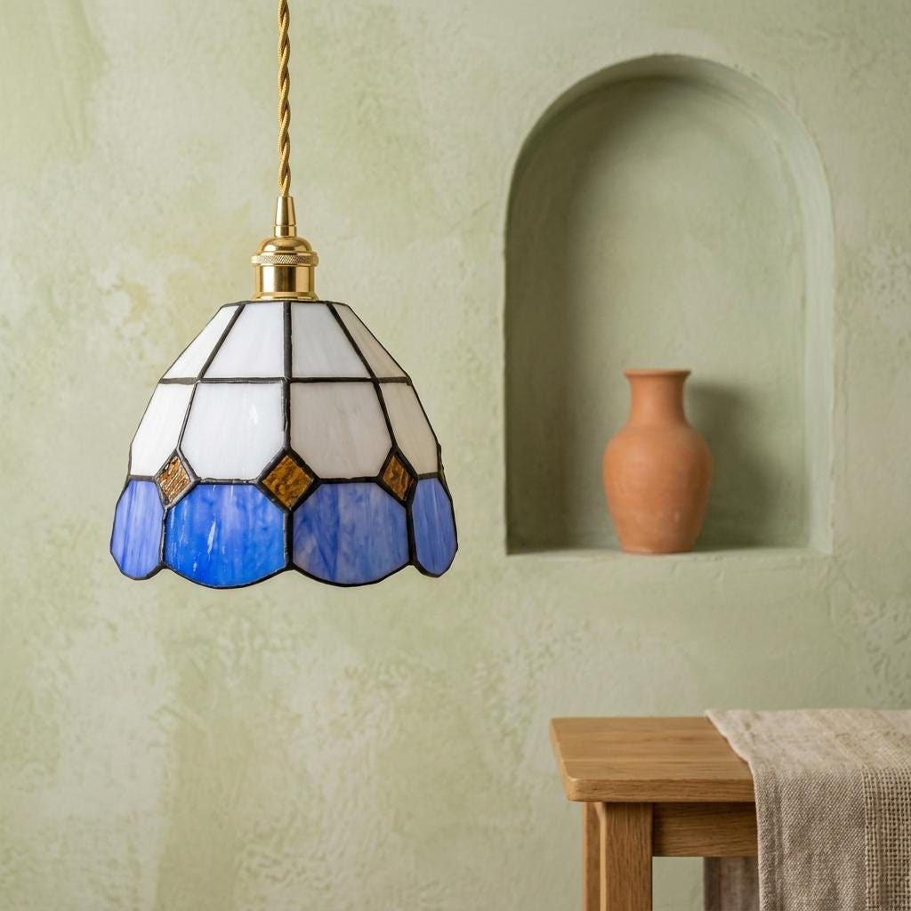 Handmade Cream and Deep-Blue Tiffany-Inspired Pendant Light with Amber-tone Diamond Motifs - view 7