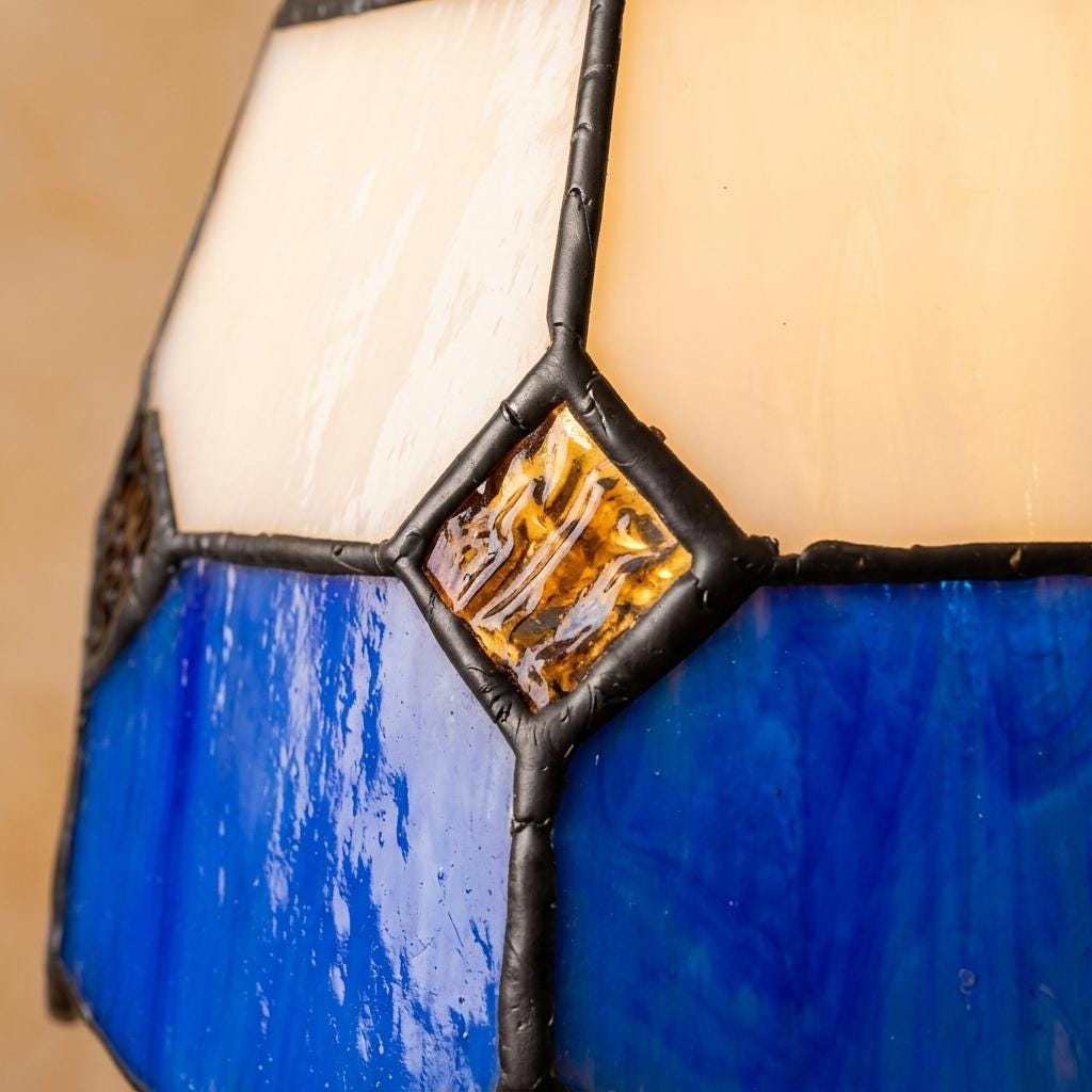 Handmade Cream and Deep-Blue Tiffany-Inspired Pendant Light with Amber-tone Diamond Motifs - view 2