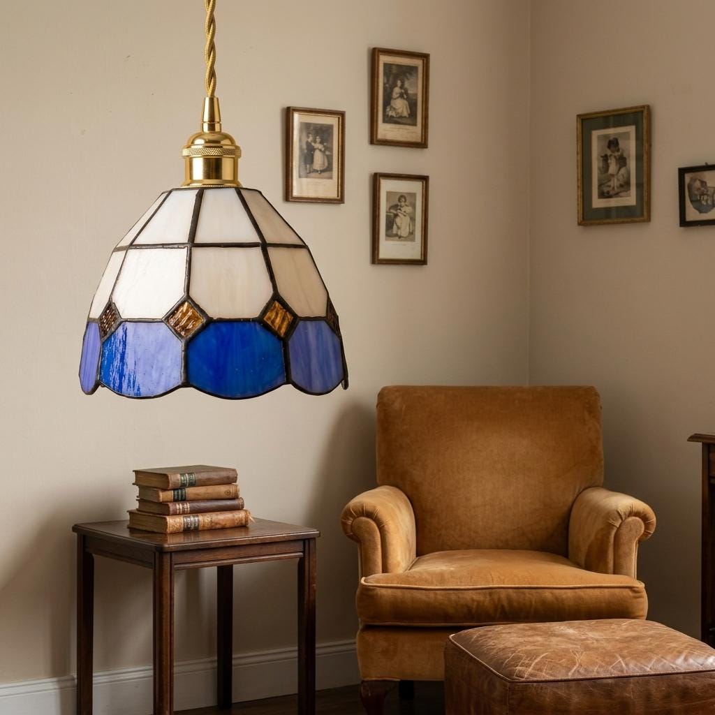 Handmade Cream and Deep-Blue Tiffany-Inspired Pendant Light with Amber-tone Diamond Motifs - view 9
