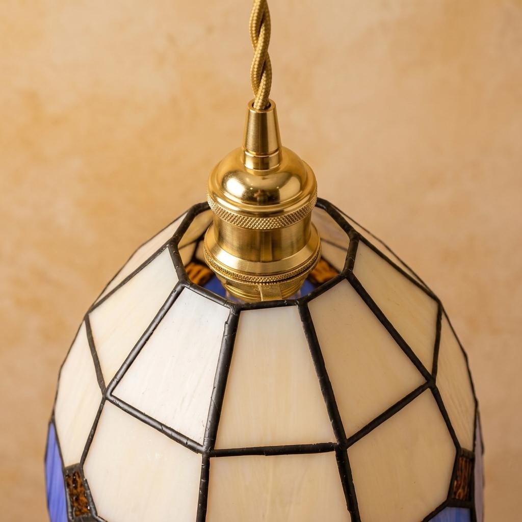 Handmade Cream and Deep-Blue Tiffany-Inspired Pendant Light with Amber-tone Diamond Motifs - view 4