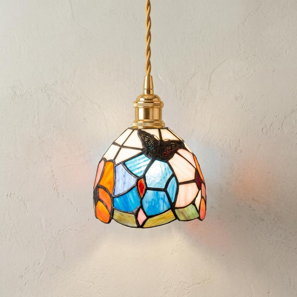 Blue and Pink Handmade Tiffany-Inspired Pendant Light with Butterfly-Like Botanical Motifs by AuroraeGlass