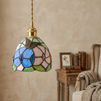 Blue and Pink Handmade Tiffany-Inspired Pendant Light with Butterfly-Like Botanical Motifs - view 9