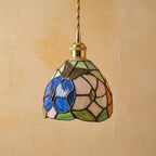 Blue and Pink Handmade Tiffany-Inspired Pendant Light with Butterfly-Like Botanical Motifs - view 5
