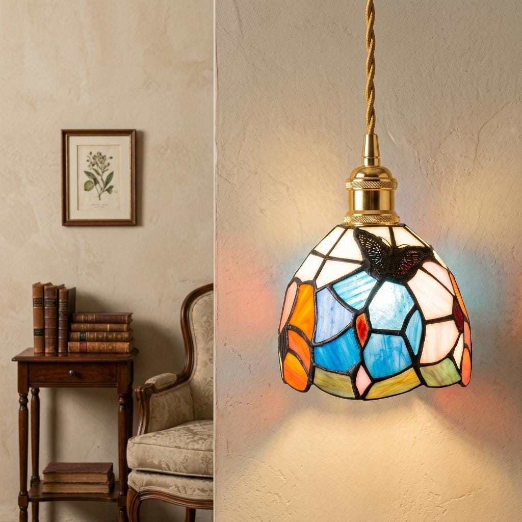 Blue and Pink Handmade Tiffany-Inspired Pendant Light with Butterfly-Like Botanical Motifs - view 8