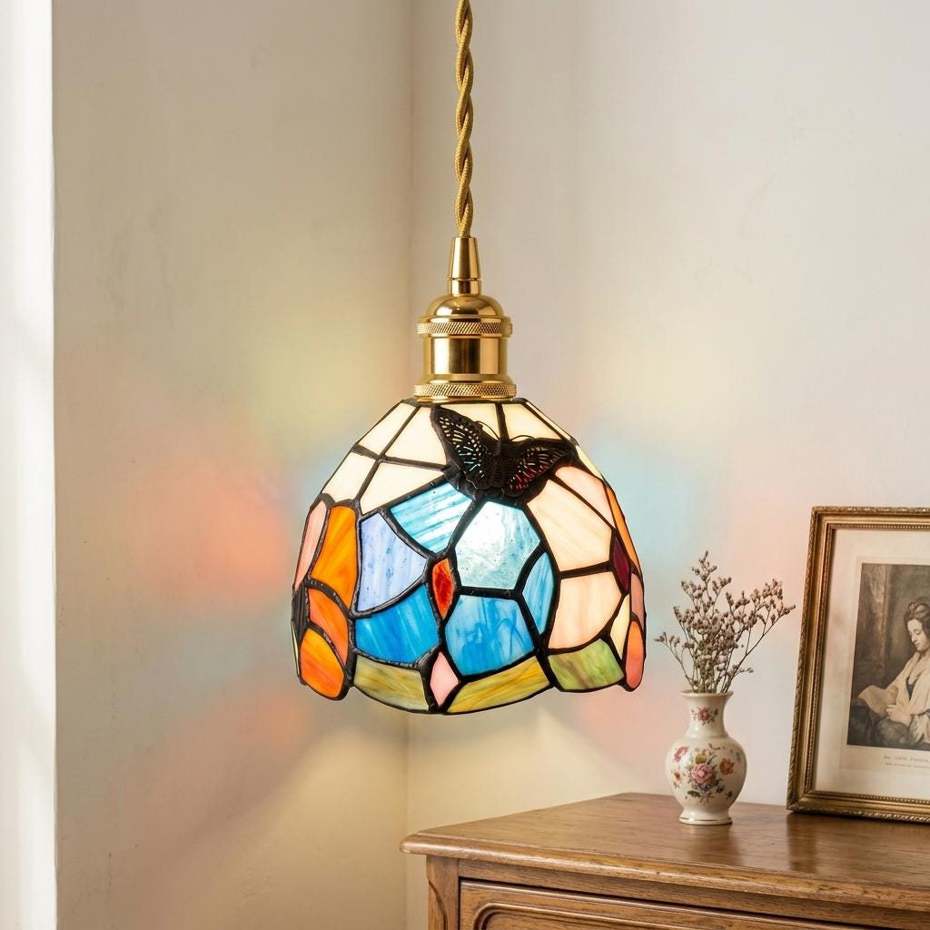 Blue and Pink Handmade Tiffany-Inspired Pendant Light with Butterfly-Like Botanical Motifs - view 10