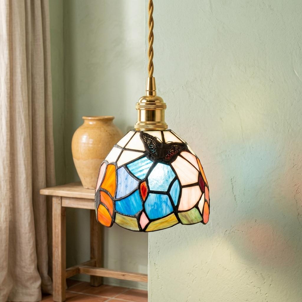 Blue and Pink Handmade Tiffany-Inspired Pendant Light with Butterfly-Like Botanical Motifs - view 6