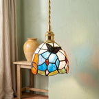 Blue and Pink Handmade Tiffany-Inspired Pendant Light with Butterfly-Like Botanical Motifs - view 6
