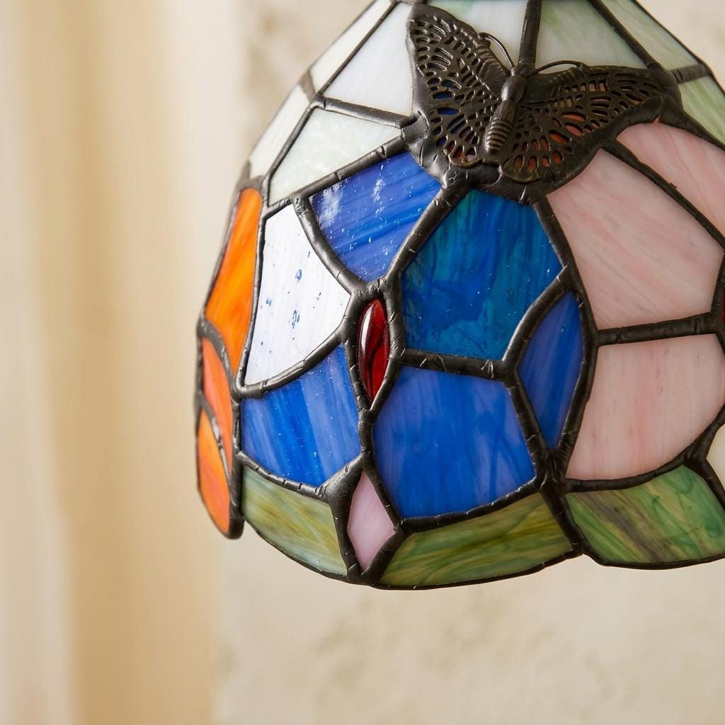 Blue and Pink Handmade Tiffany-Inspired Pendant Light with Butterfly-Like Botanical Motifs - view 3