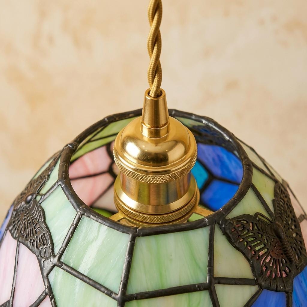 Blue and Pink Handmade Tiffany-Inspired Pendant Light with Butterfly-Like Botanical Motifs - view 4
