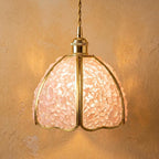 Soft Pink Pebble-Pattern Handmade Tiffany-Inspired Pendant Light with Petal-Panel Dome by AuroraeGlass