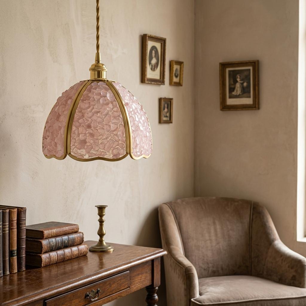 Soft Pink Pebble-Pattern Handmade Tiffany-Inspired Pendant Light with Petal-Panel Dome - view 9