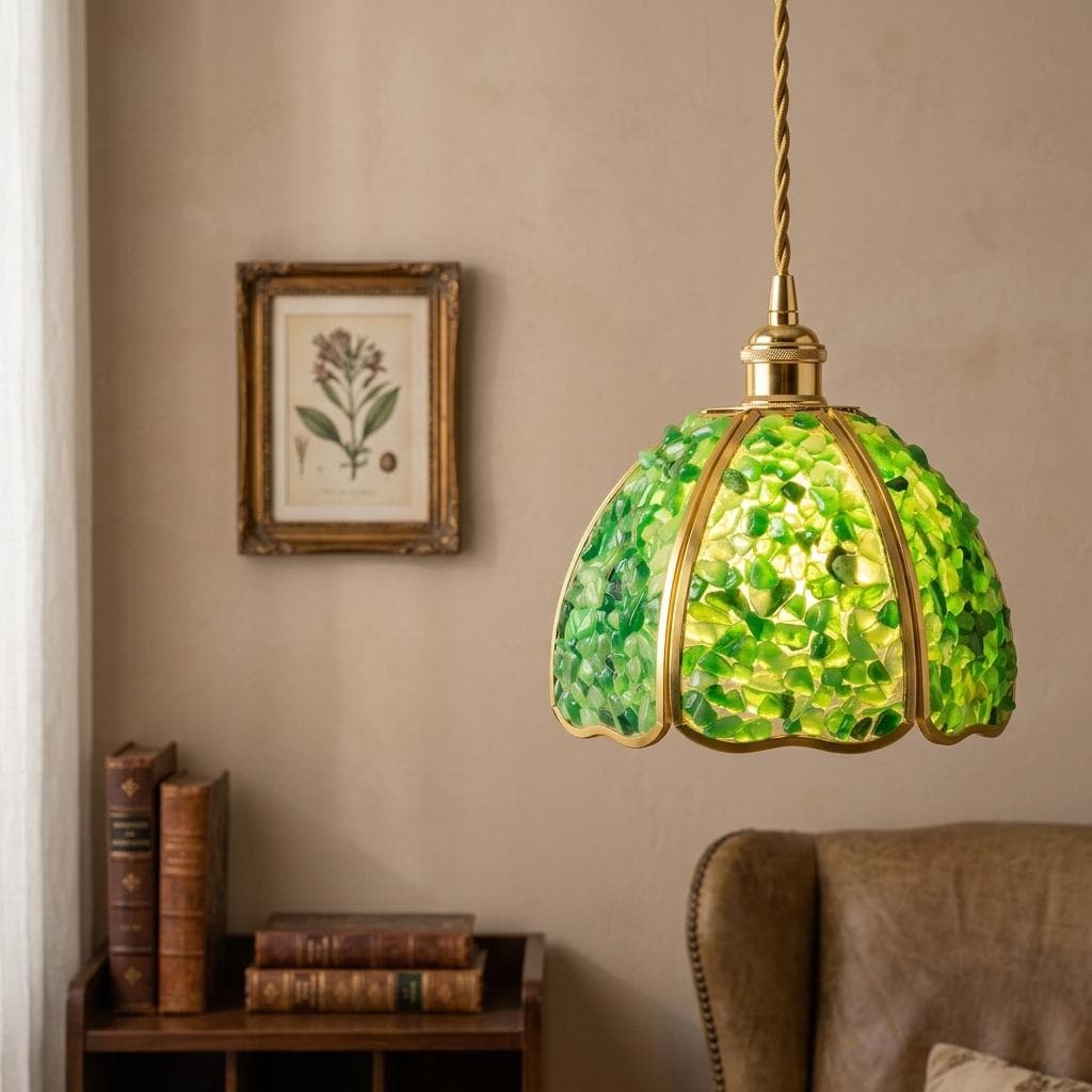 Green Pebble-Pattern Handmade Tiffany-Inspired Pendant Light with Petal-Panel Dome - view 8