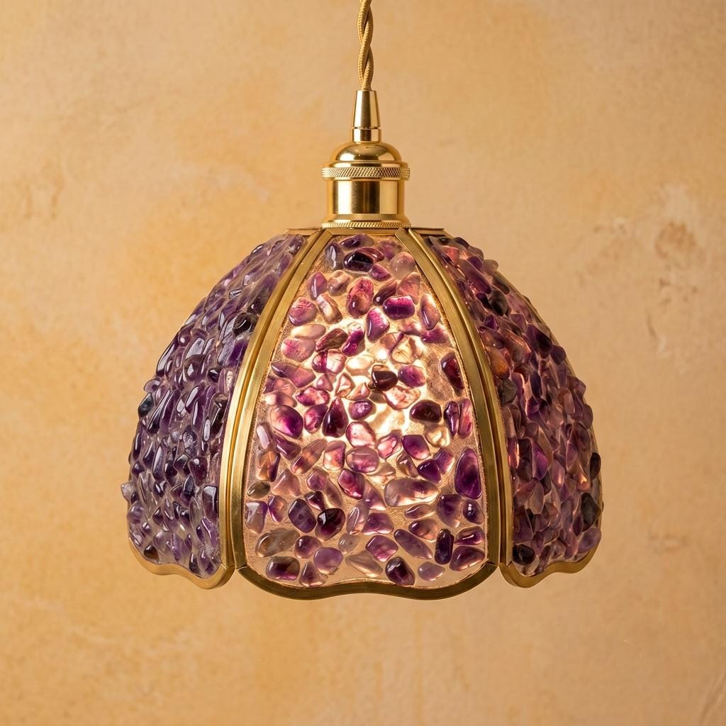 Purple Pebble-Pattern Handmade Tiffany-Inspired Pendant Light with Petal-Panel Dome by AuroraeGlass