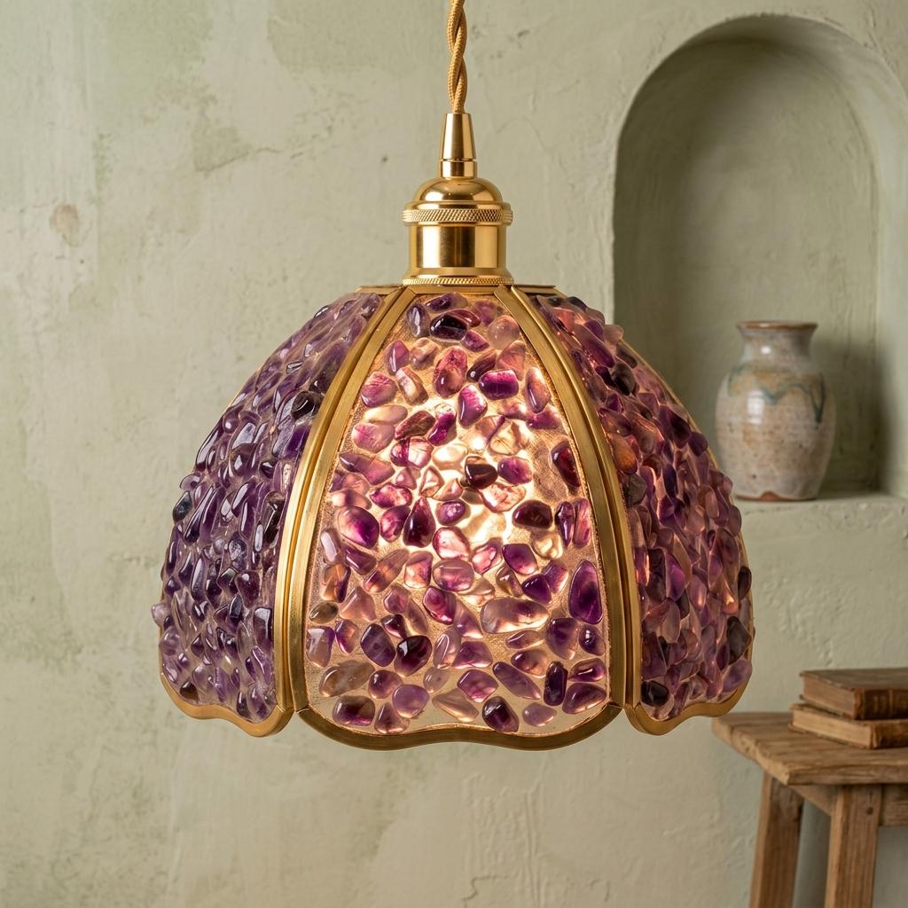 Purple Pebble-Pattern Handmade Tiffany-Inspired Pendant Light with Petal-Panel Dome - view 5