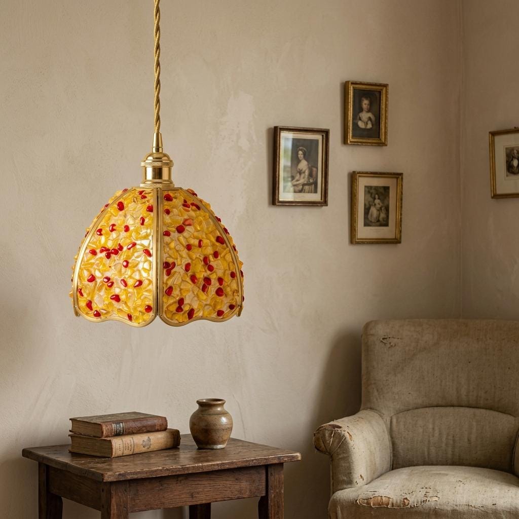 Yellow and Red Pebble-Pattern Domed Handmade Tiffany-Inspired Pendant Light - view 9