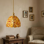 Yellow and Red Pebble-Pattern Domed Handmade Tiffany-Inspired Pendant Light - view 9