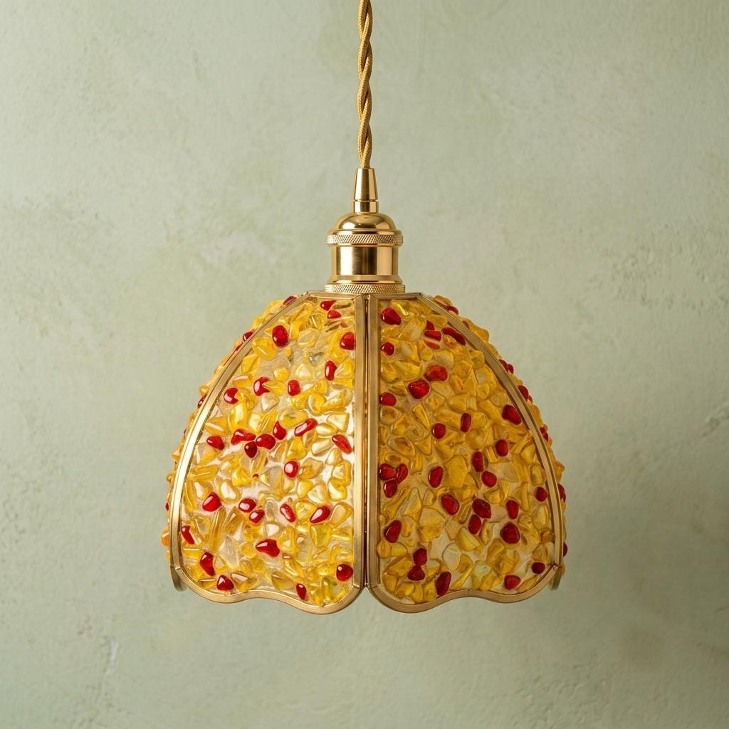 Yellow and Red Pebble-Pattern Domed Handmade Tiffany-Inspired Pendant Light - view 5