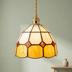 Cream and Yellow Domed Handmade Tiffany-Inspired Pendant Light with Red Diamond Details by AuroraeGlass