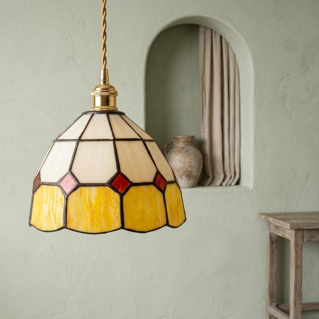 Cream and Yellow Domed Handmade Tiffany-Inspired Pendant Light with Red Diamond Details - view 6