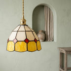 Cream and Yellow Domed Handmade Tiffany-Inspired Pendant Light with Red Diamond Details - view 6