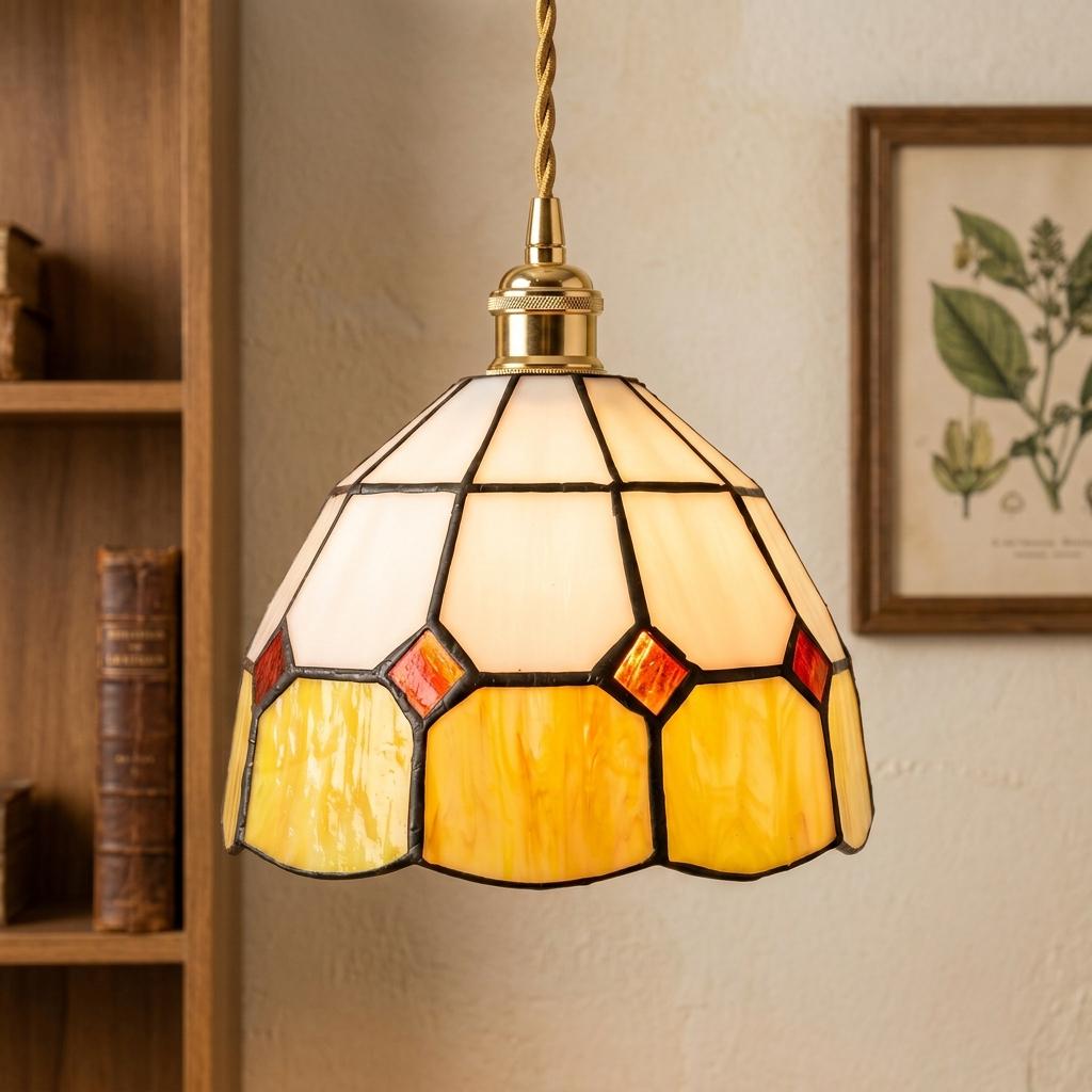 Cream and Yellow Domed Handmade Tiffany-Inspired Pendant Light with Red Diamond Details - view 9