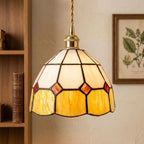 Cream and Yellow Domed Handmade Tiffany-Inspired Pendant Light with Red Diamond Details - view 9