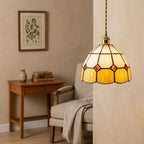 Cream and Yellow Domed Handmade Tiffany-Inspired Pendant Light with Red Diamond Details - view 7