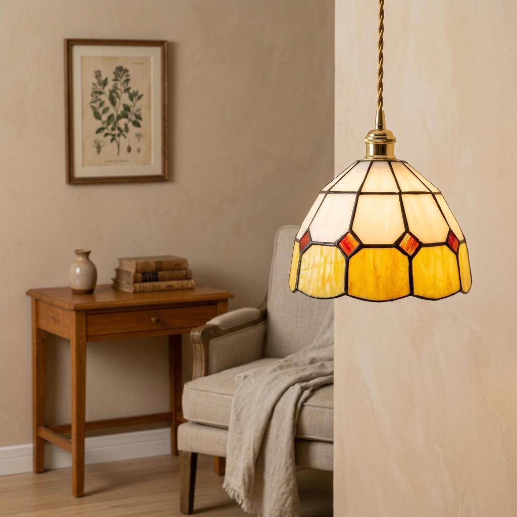 Cream and Yellow Domed Handmade Tiffany-Inspired Pendant Light with Red Diamond Details - view 7