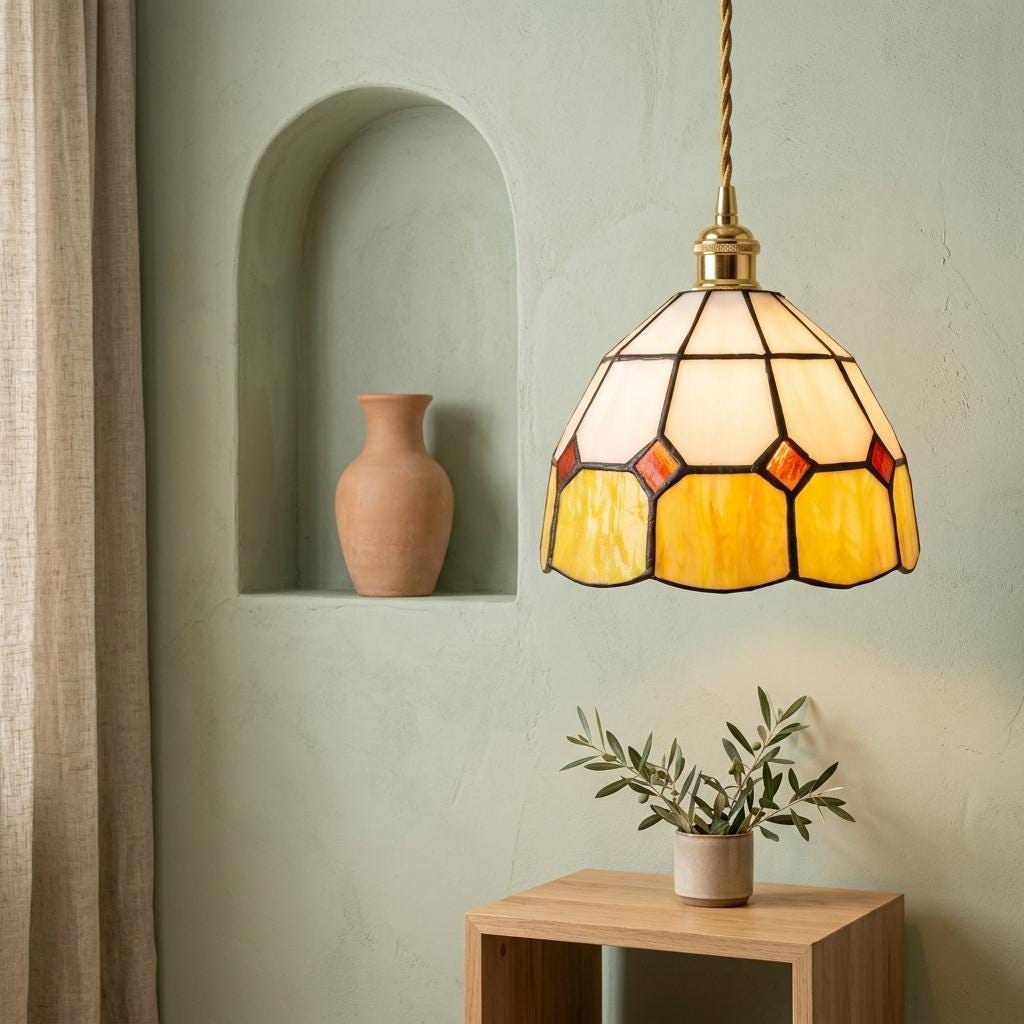 Cream and Yellow Domed Handmade Tiffany-Inspired Pendant Light with Red Diamond Details - view 5