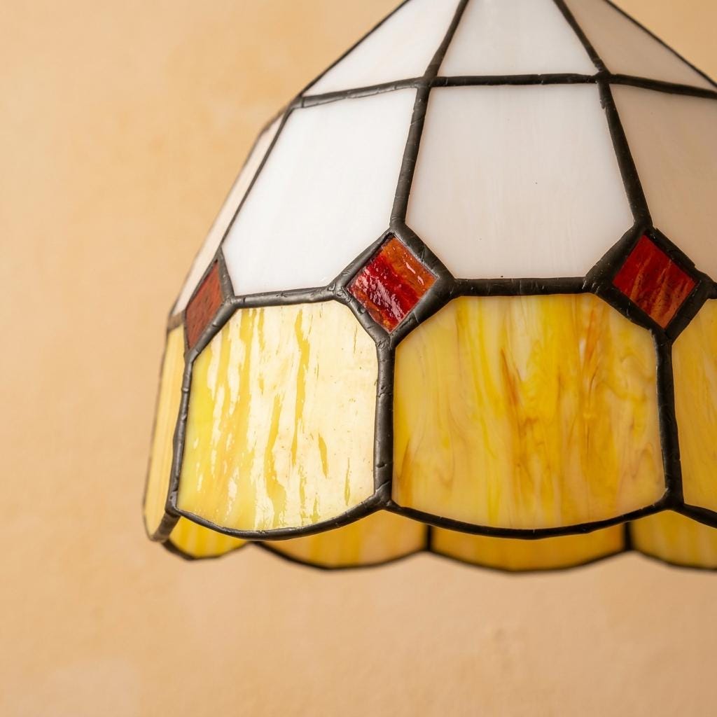 Cream and Yellow Domed Handmade Tiffany-Inspired Pendant Light with Red Diamond Details - view 3