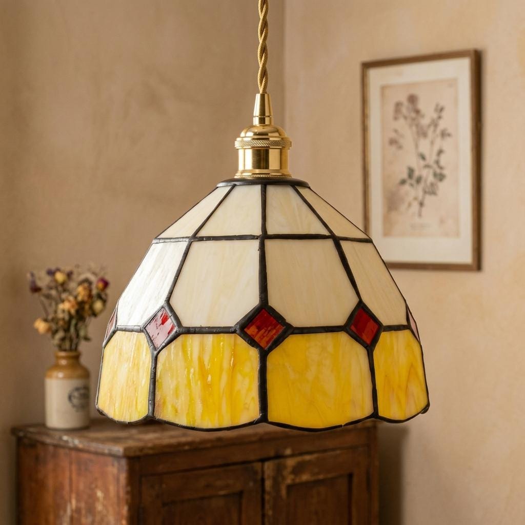 Cream and Yellow Domed Handmade Tiffany-Inspired Pendant Light with Red Diamond Details - view 10